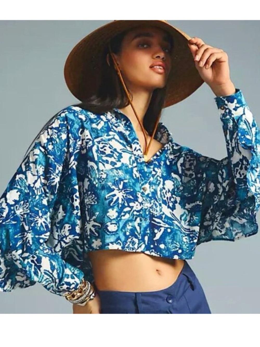 Anthropologie Pilcro Batwing Oversized Ruffle Blouse In Blue Multi XS EUC